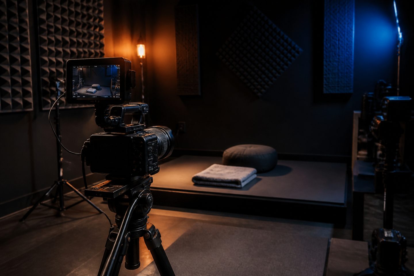 Знімальний павільйон Mind Video Lab: камера на штативі, тепле світло, платформа для запису практик